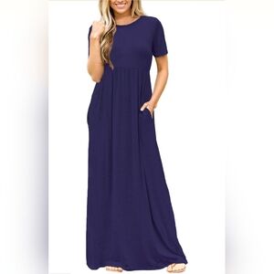 Short Sleeve Crew Neck Long Maxi Casual Dress Small Navy Blue Short Sleeve